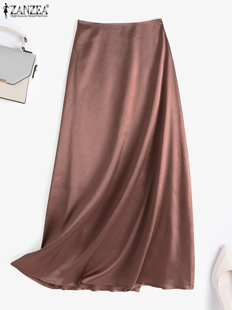 ZANZEA Fashion Satin Silk Skirts Women Summer Long High Waist Skirt Casual Solid Party Faldas Saia Female Vintage Work OL Jupe 4