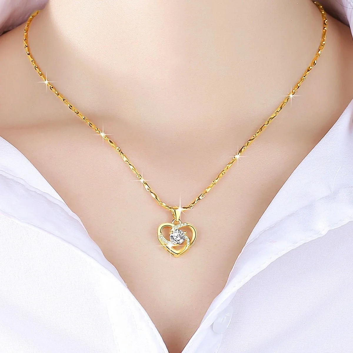 Women Light Luxury 9999 24K Real Gold Moissanite Clavicle Chain Only Love Necklace Pendant Smart Love Necklace
