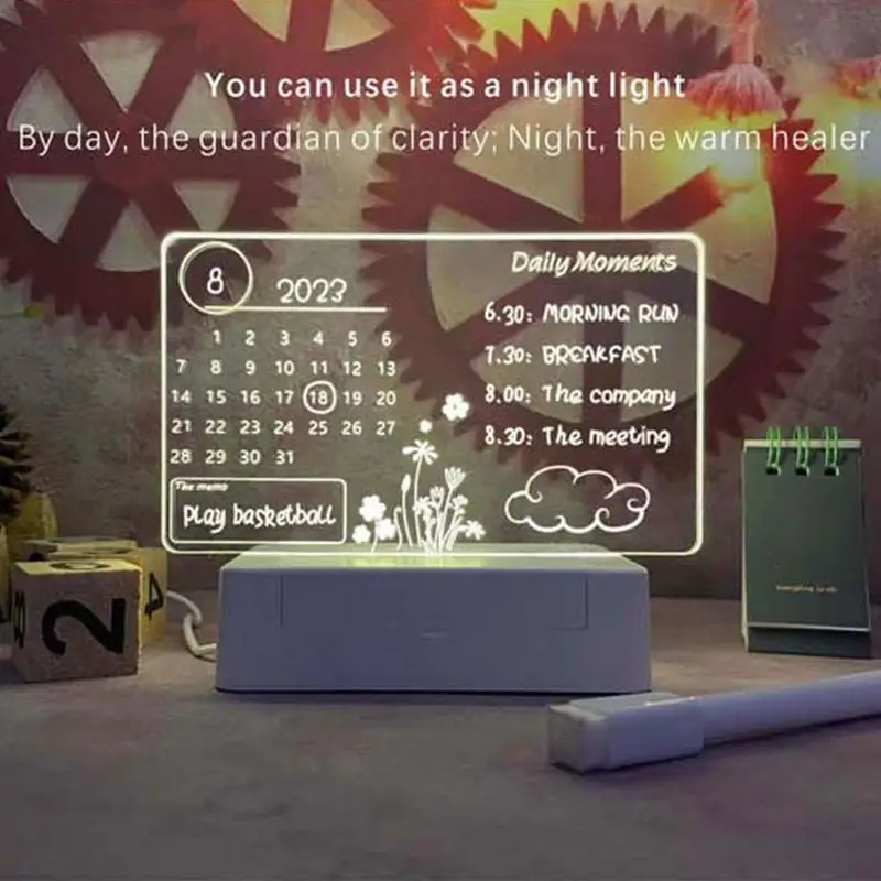 LED 노트 보드 책상용 빛나는 달력 메시지 보드 지울 수 있는 쓰기 사무실용 펜으로 투명 야간 조명 메모장