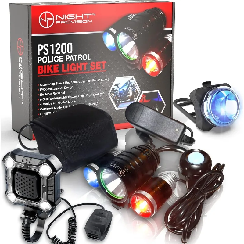 

PS1200 Front OPTIKS 210 Rear Police Patrol Bike Light - Red/Blue Strobe LED Rechargeable -Water Proof - 5 Modes W/Electric Horn