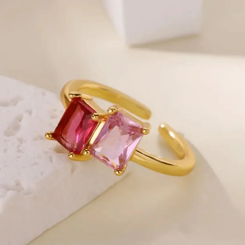 Stainless Steel Zircon Square Ring for Women 18K Gold Plated 2 Colors Adjustable