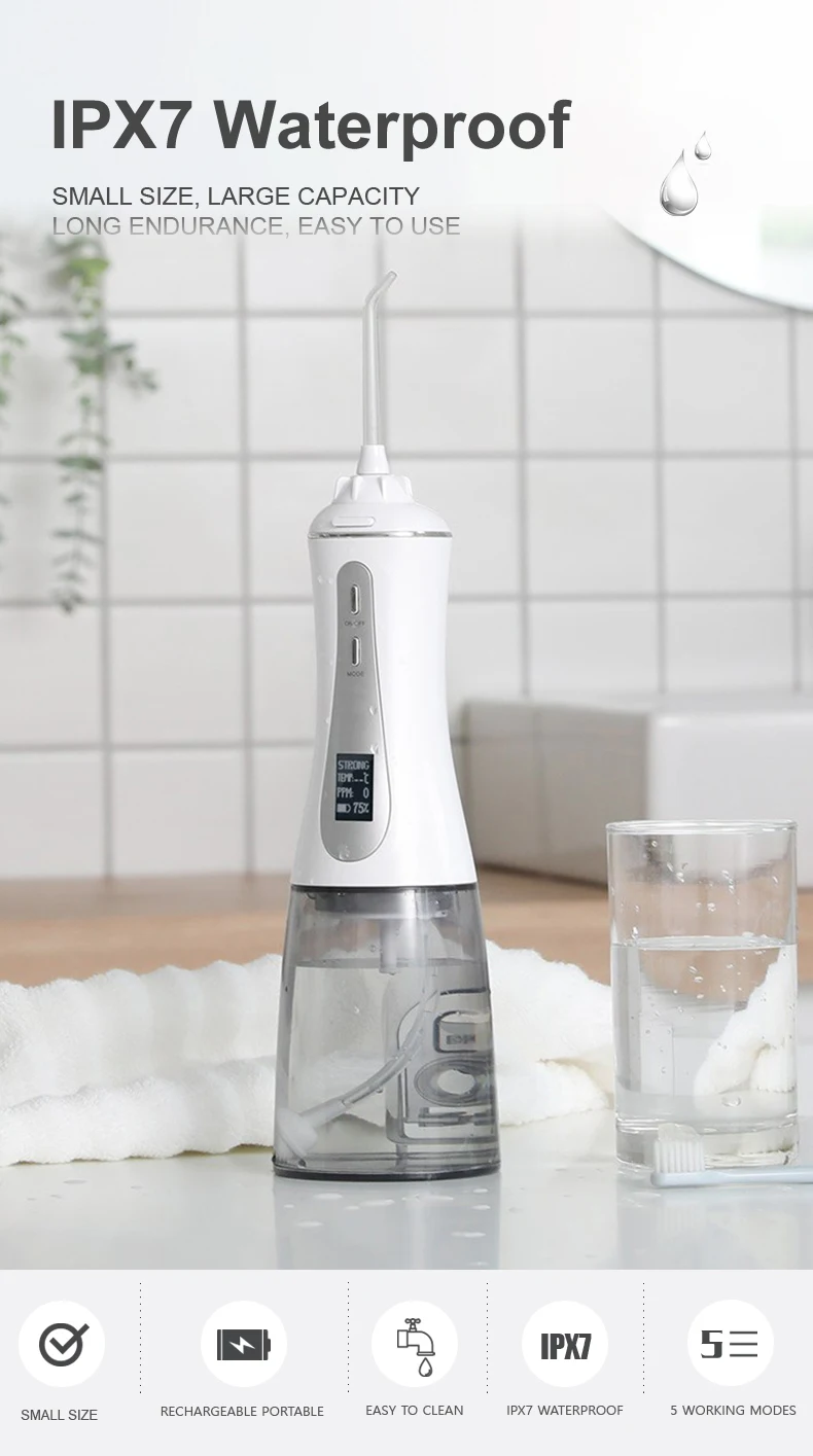 Oral Irrigator Water Flosser Fairywill OLED Display 5 Modes 350ML Tank Teeth Cleaner USB Charge