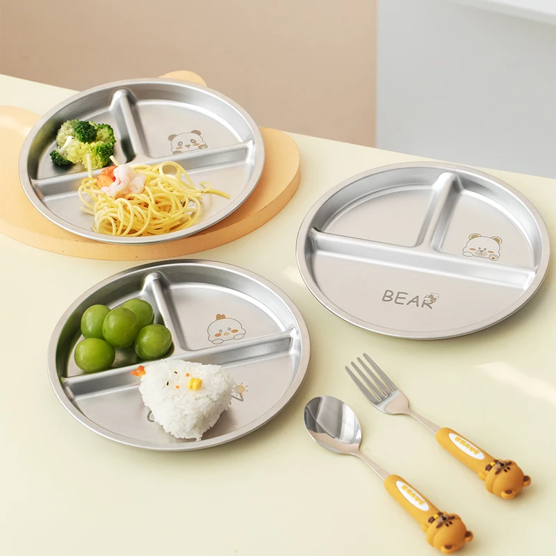 Round Dining Plate 304 Stainless Steel Food Plate Divided Breakfast 3 Grids Cute Tableware Stackable Fruit Salad Set