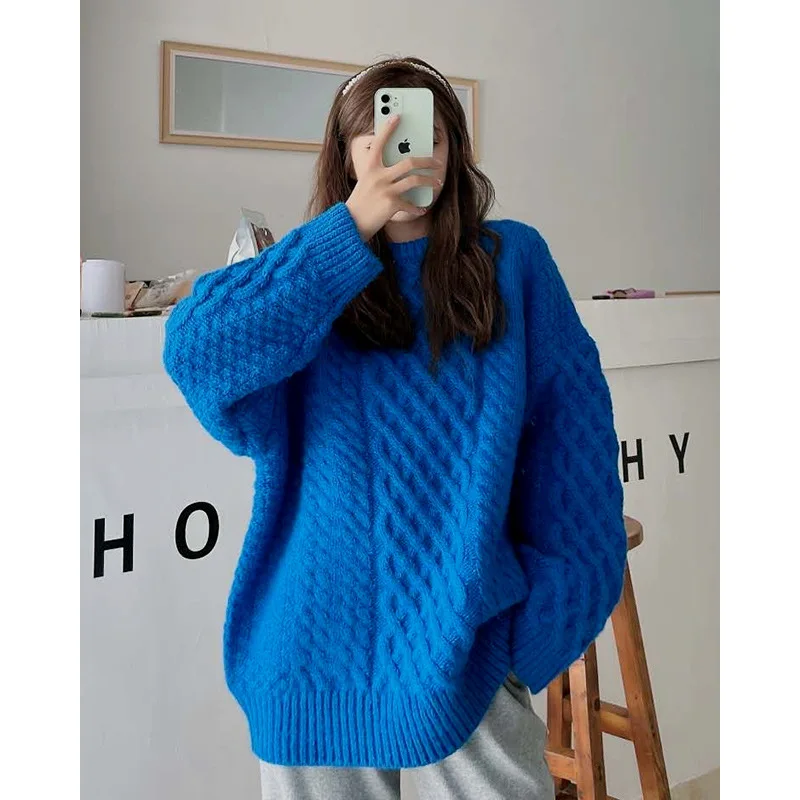 

Blue Retro Twist Sweater Women's New Winter Women's Loose and Lazy Outer Sweater Thickened Pullover Womens Winter Sweaters