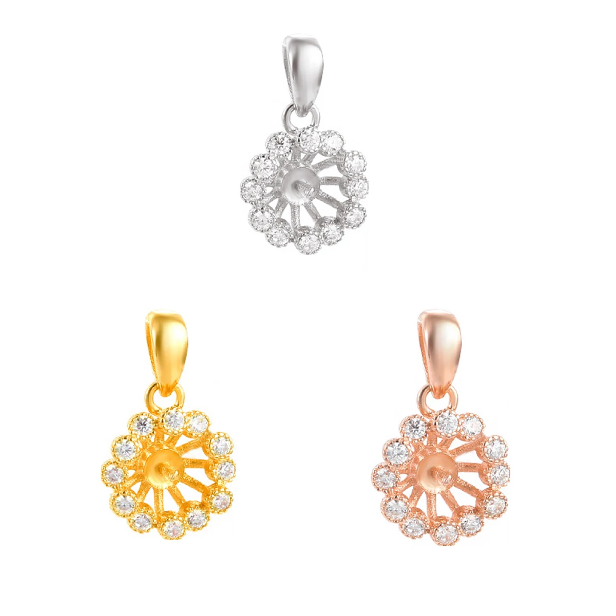 925 Silver Sterling Shiny Zircon Flower Pendants Tray Embed Round Bead Pearl Pendant Setting DIY Jewellery Making Supplies