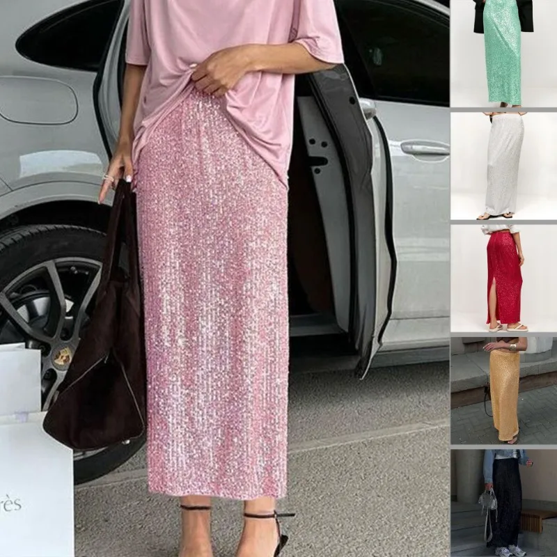 

2023 Women's European and American Solid Color Sequined Back Slit Fashionable Casual Skirt Sparkling Mid-Length Group