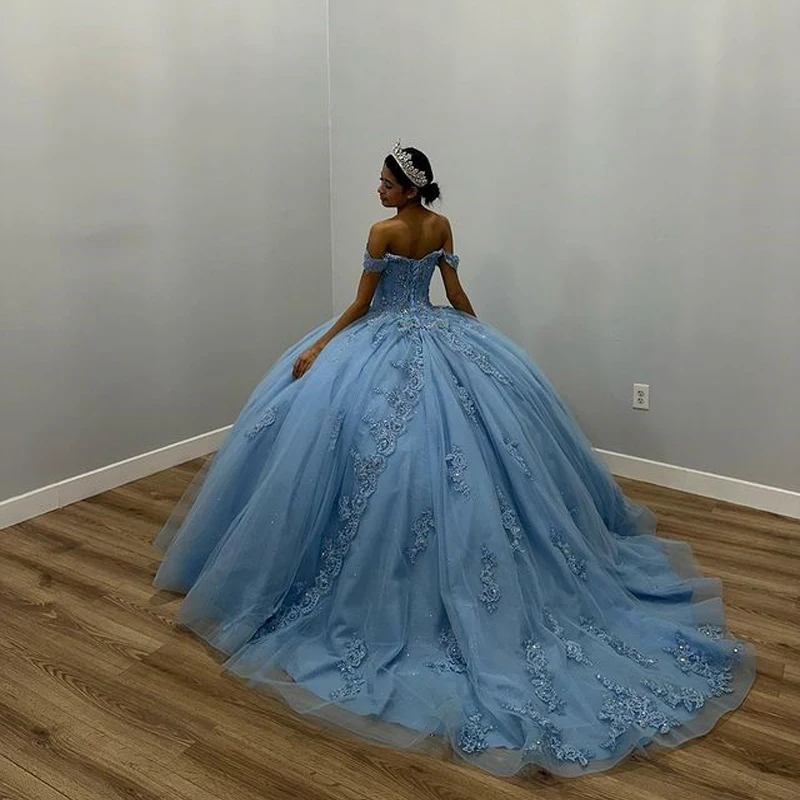 ANGELSBRIDEP Sky Blue Ball Gowns Quinceanera Dresses Applique Lace Birthday Party Mexican Girls Vestidos de 15 a&ntilde;os Customized