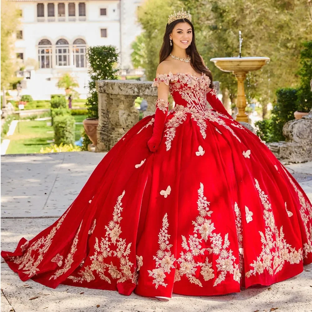 Red 3D Butterfly Princess Quinceanera Dresses Ball Gown Off The Shoulder Gold Appliques Corset Sweet 15 Vestidos De