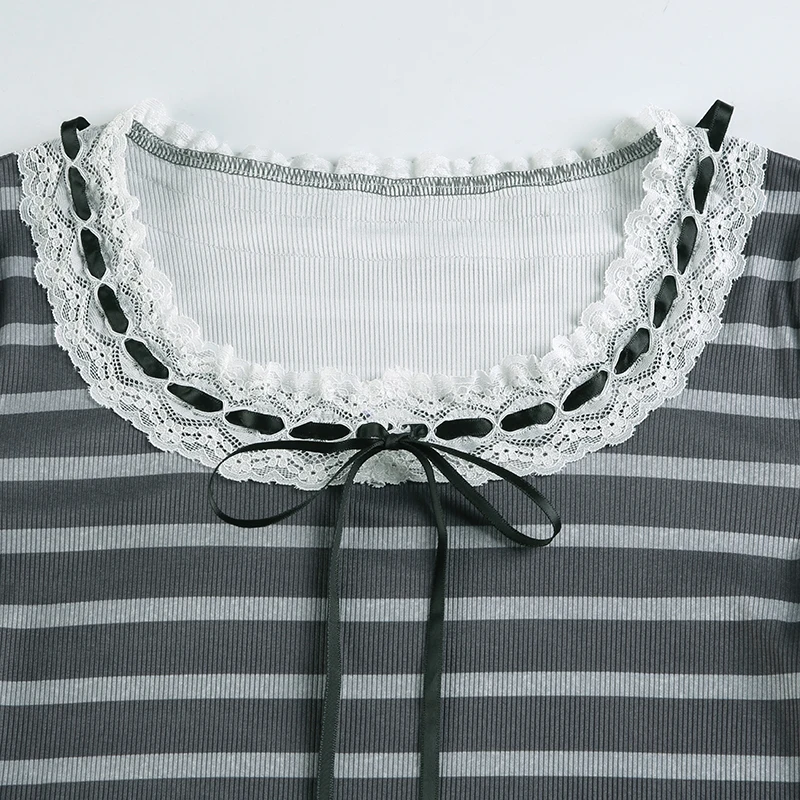 Slim Stripe Long Sleeve T Shirt Women Contrast Patchwork Lace Trim Tie O Neck Cute Y2K Kawaii Tee Basic Korean Clothes