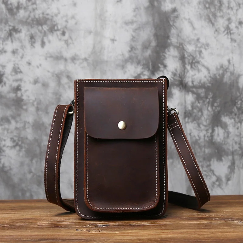 NZPJ Genuine Leather Men's Waist Bag Retro Top Layer Cowhide Single Shoulder Bag Crazy Horse Leather Mobile Phone Bag Satchel