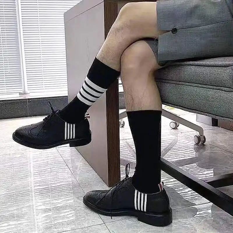 

Shoes Luxury 4-Bar Stripe Black Pebble Calfskin Sneakers Long-wing Business Casual Handmade Genuine Leather Shoes