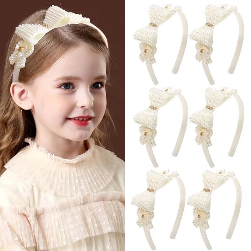 Oaoleer Cute White Pearl Hairbands For Kids Girl Fashion Handmade Bowknote Headband Hair Hoop Headwear Hair Accessories Ornament girls hair bands baby kids hair hoop large solod color bow headband handmade fashion hair accessories kids headwear pour filles