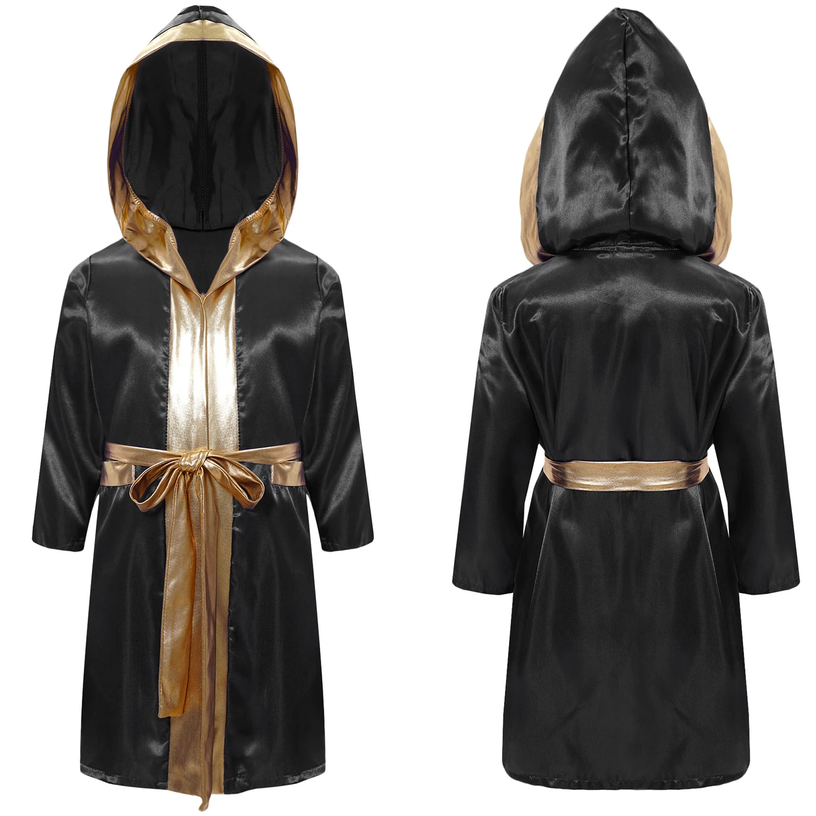 Boxermantel für Kinder, Jungen und Mädchen, langärmelig, glänzender Satin-Cardigan, Kapuzenumhang mit Gürtel, Halloween-Mottoparty, Boxer-Cosplay-Kostüm – Detail 27