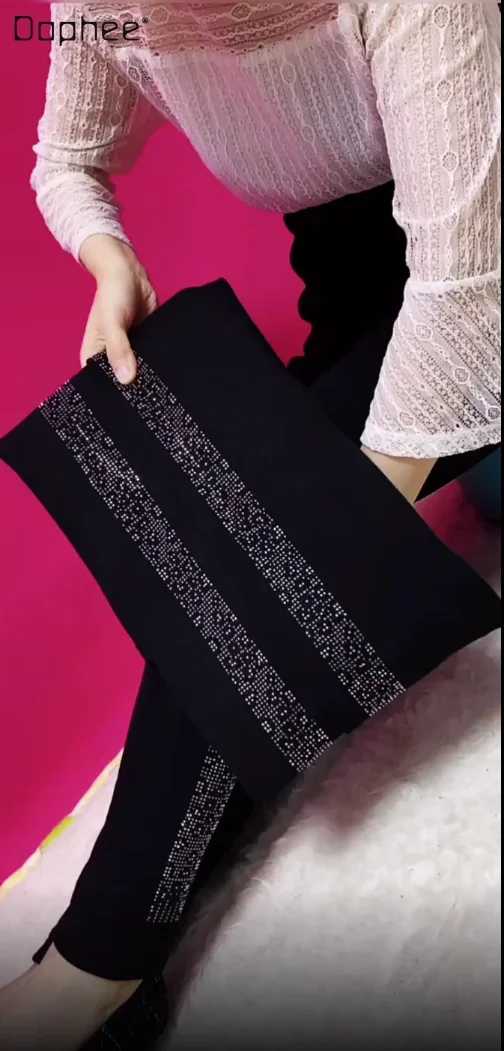 

Oversized Fattening Velvet Hot Drilling Both Sides Pants Female Warm Trousers Elastic High Waist Slimming Leggings for Women