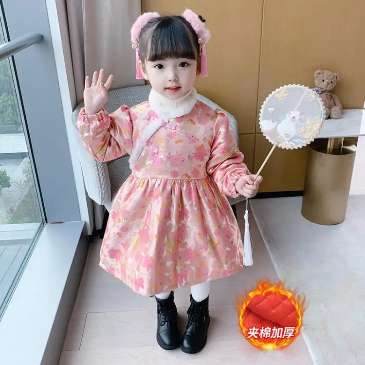 

Зимняя одежда Hanfu для девочек в китайском стиле, Новогодняя одежда для девочек, новый красный стиль Ципао, праздничная Новогодняя одежда, утепленное платье