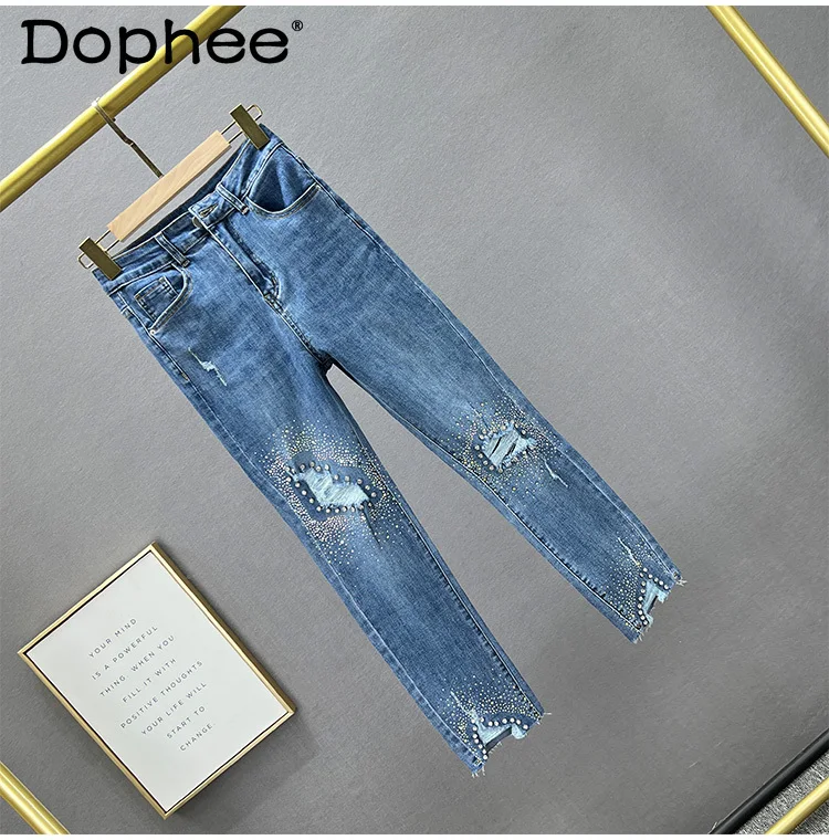Women's Ripped Jeans 2022 Summer New Elastic High Waist Slim Fit Shinny Diamond-Embedded Cropped Skinny Pants Blue Black
