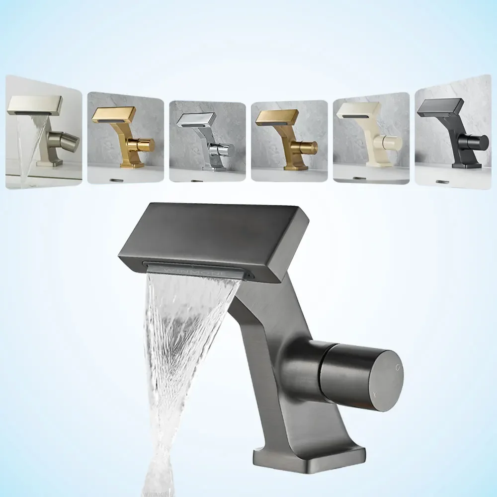 Modern Luxury Basin Faucet Bathroom Washbasin Golden Faucet Copper Waterfall Bathroom Faucets Hot and Cold Mixer Sink Tap Crane