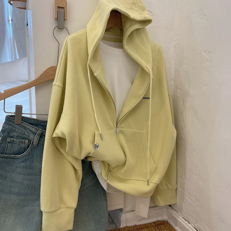 

Y2k Vintage Clothes Office Lady Streetwear Sweaters Hooded Collar Solid Color Loose Sweatshirts Zipper Big Pockets Hoody Jacket