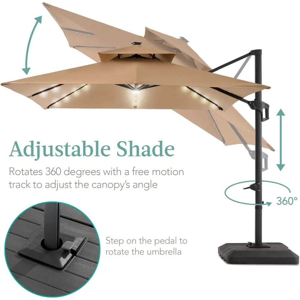 10x10ft 2-Tier Square Cantilever Patio Umbrella with Solar LED Lights, Offset Hanging for Backyard w/Included Fillable Base 3