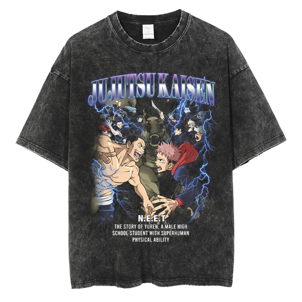 

Vintage Washed Tshirts Jujutsu Kaisen Graphic Printing T Shirt Harajuku Oversize Tee Cotton fashion Streetwear unisex top