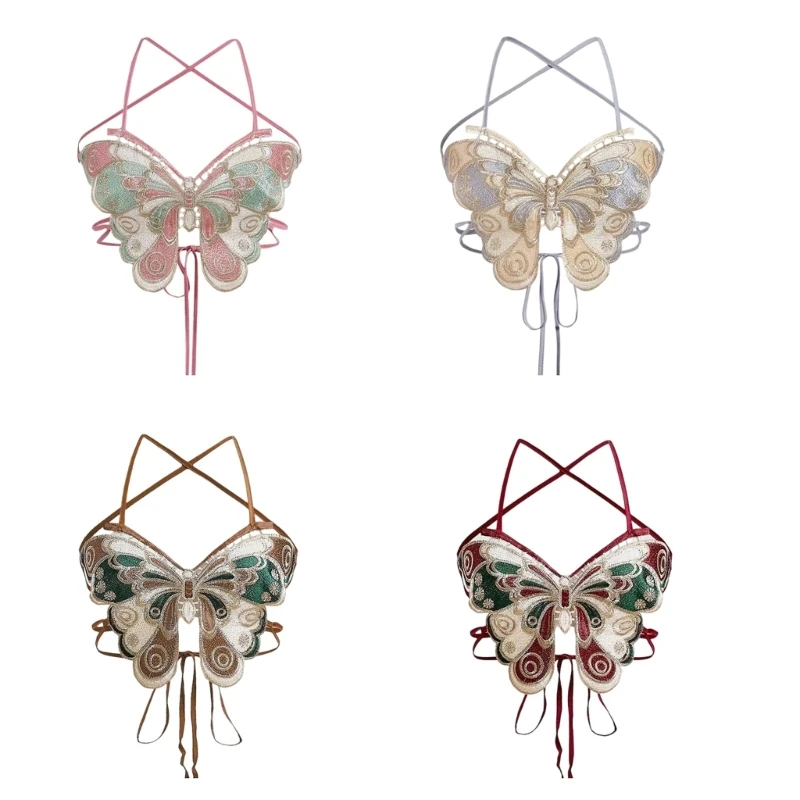 

Women Summer Sleeveless Tie Backless Sexy Camisole Butterfly Embroidery Halterneck Bras Festival Crop Top