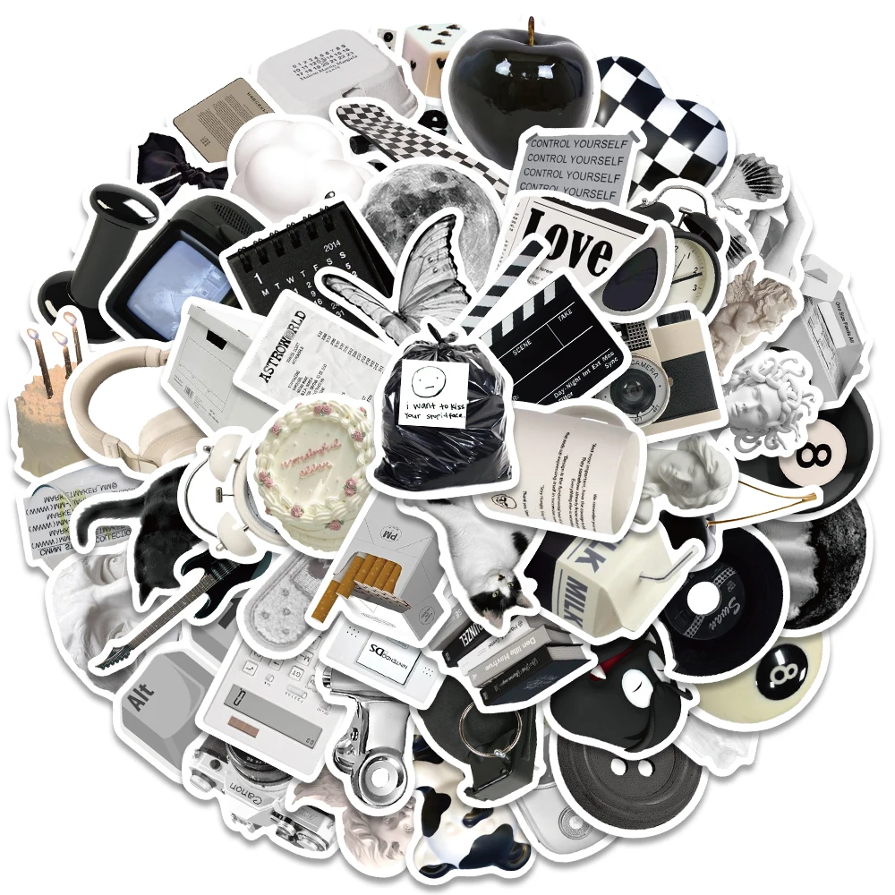 10/50PCS Ins Style Apathy Black White Simple Decals Cute Stickers Aesthetic Phone Notebook Suitcase Laptop Fridge Wall Sticker 4