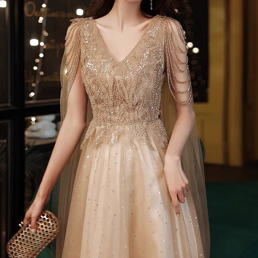 Champagne Gold Evening Dresses Applique 