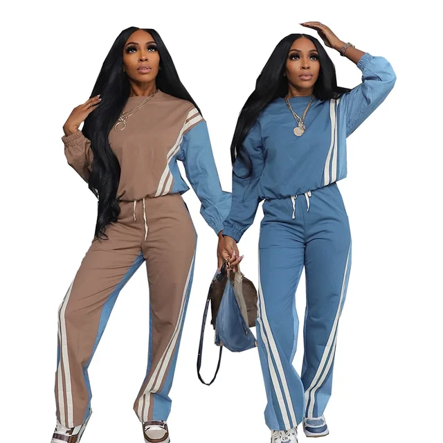 Autumn Winter Sport Style Color Block Denim Striped Long Sleeve Hoodie Drawstring Trousers Two Piece Set Women's Fashion 1