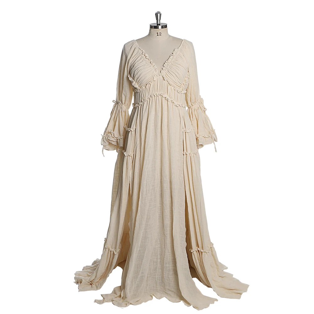 

Long Sleeves Cotton Beach Dresses Two Side Slit Photo Shoot Dresses Fancy Photography Props YEWEN YW231020