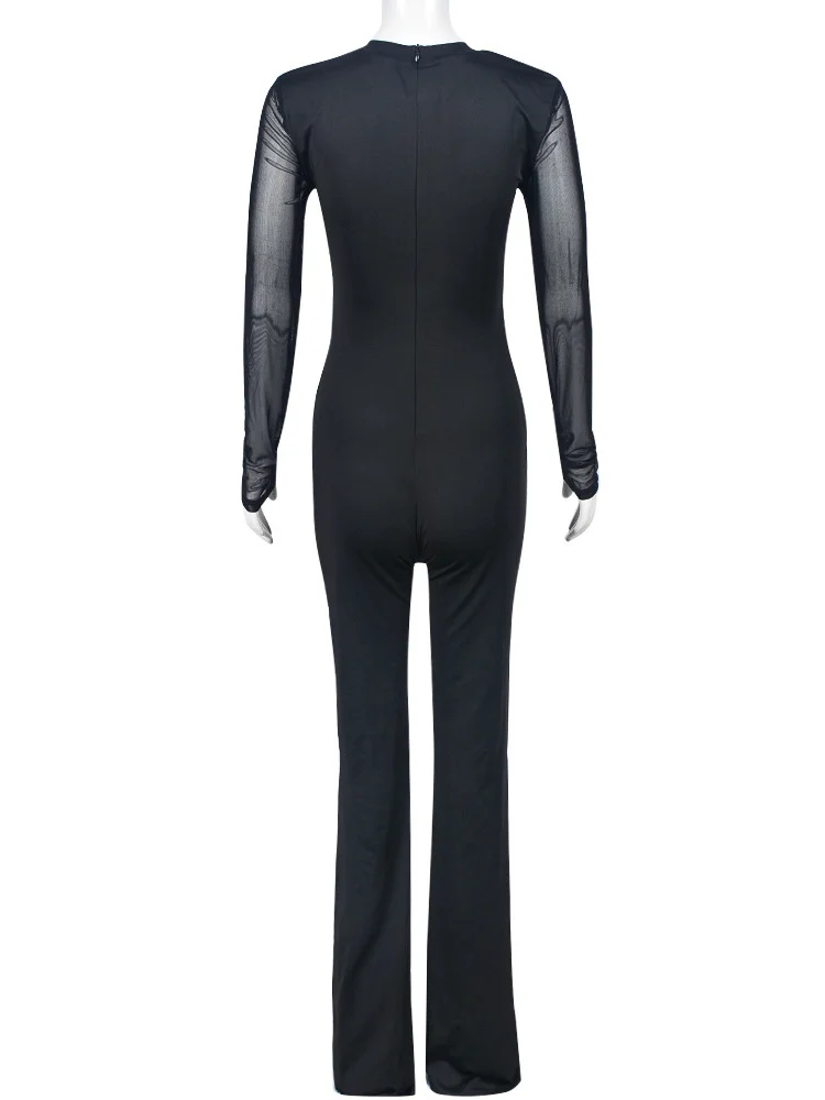 Sibybo Women's Ripped Stitching Jumpsuit Personalized Printed Mesh Long-sleeve Flared Pants Fall Fashion Ladies Streetwear
