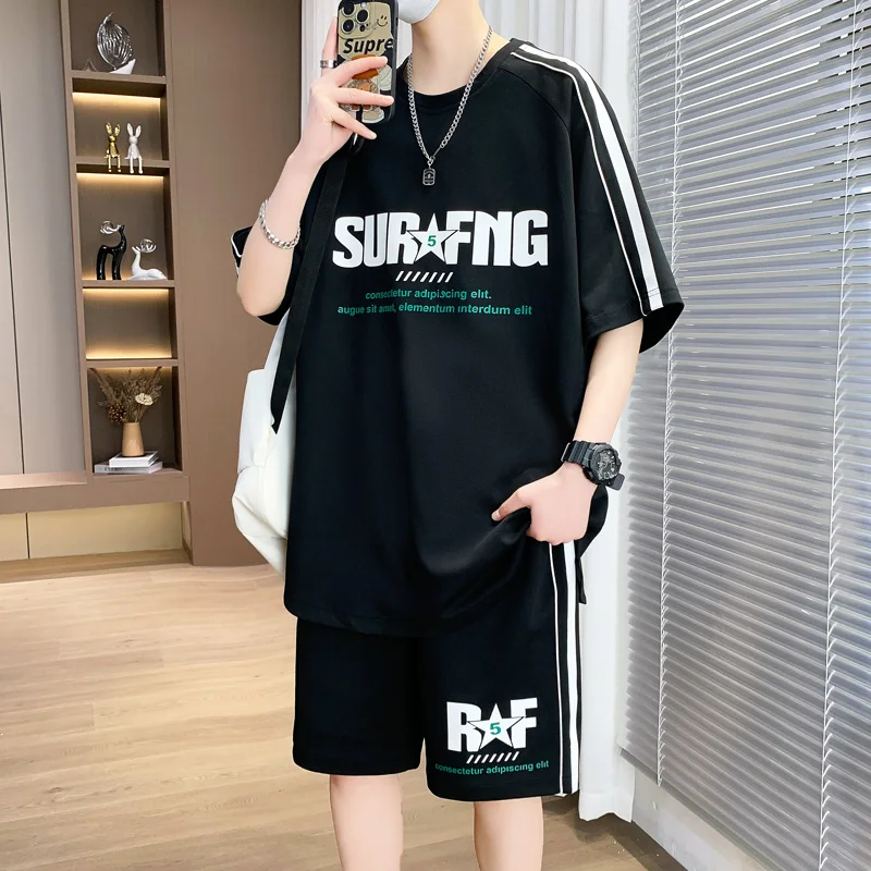 

Мужской спортивный костюм из двух предметов, Повседневная футболка и шорты, топ свободного покроя с коротким рукавом, одежда для молодежи, лето 2024