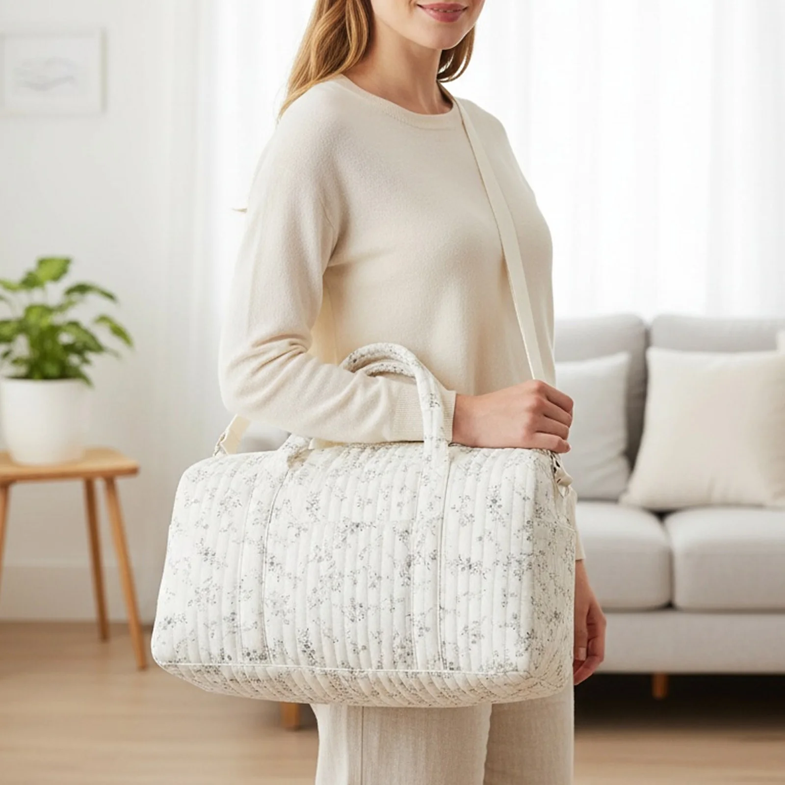 Mala de viagem feminina acolchoada em algodão, tamanho médio, com grande capacidade e alça de ombro ajustável para uso diário._voghion.com
