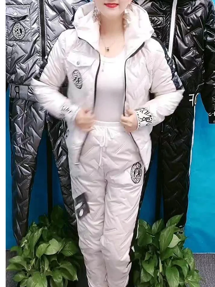Casual Warm Down Cotton Hooded 2 Piece Sets Korean Thick Short Parka Coat Conjuntos Snow Wear High Waist Windbreak Pant Ensemble