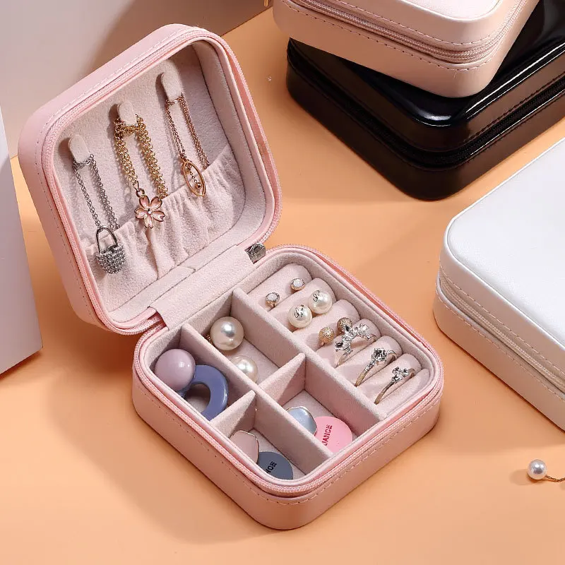 

Portable Jewelry Box PU Leather Travel Mini Display Showcase Necklace Earrings Ring Storage Zipper Jewelers Case Gift Packging