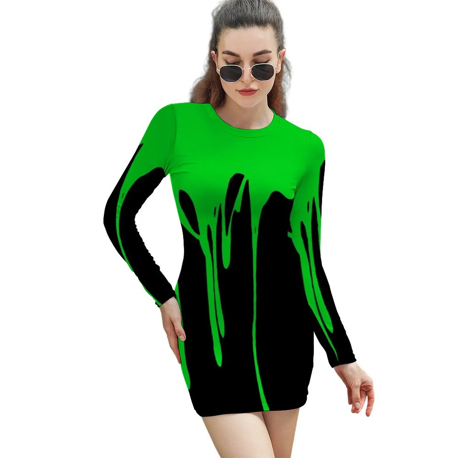 

Green Dripping Paint Long-Sleeved Sheath Dress Summer skirt Women's long dress prom clothes