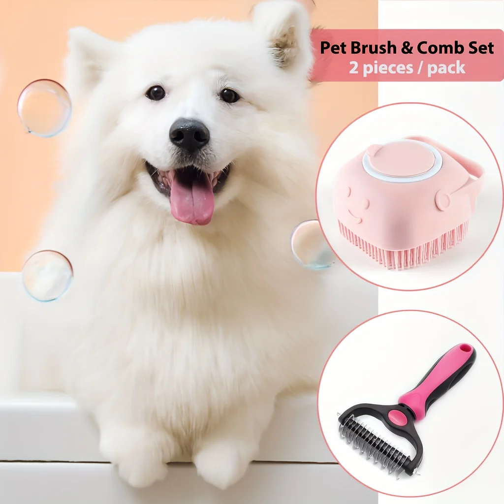 Dual-Sided Pet Grooming Brush – Stainless Steel Deshedding & Detangling Tool with Silicone Massage Bath Brush for Dogs & Cats