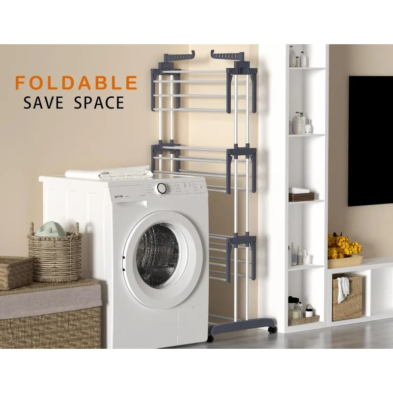 Clothes Drying Rack, Oversized 4-Tier(67.7" High) Foldable Stainless Steel Drying Rack Clothing, Movable Drying 4