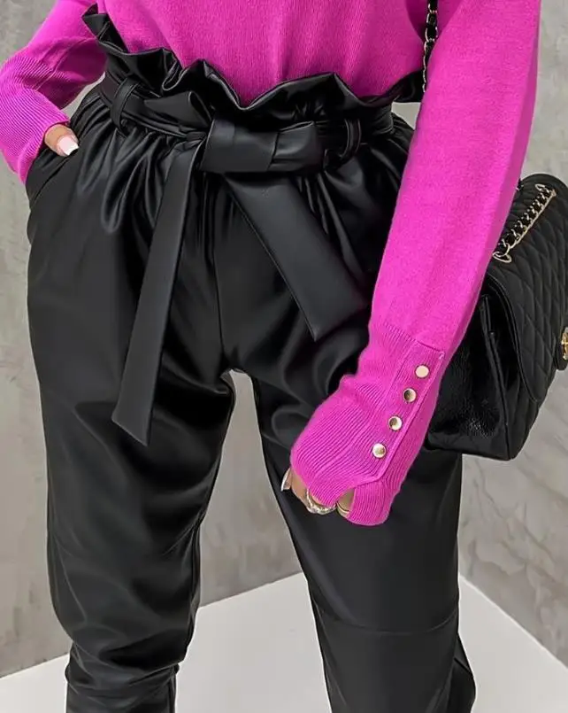 Women's Spring and Summer Fashion Temperament Ruched High Waist Pu Leather Pants with 2024 Elegant Versatile Belt ﻿ ﻿
