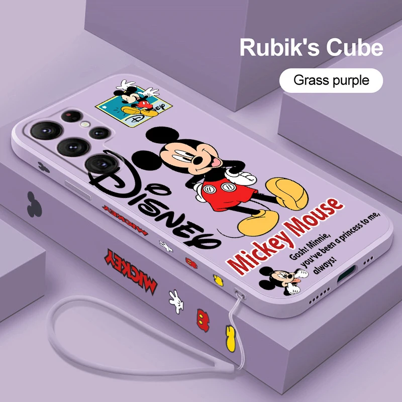 

Disney Mouse Mickey Love For Samsung Galaxy S23 S22 S21 Ultra S20 FE S10 S9 Plus Lite 5G Liquid Left Rope Phone Case