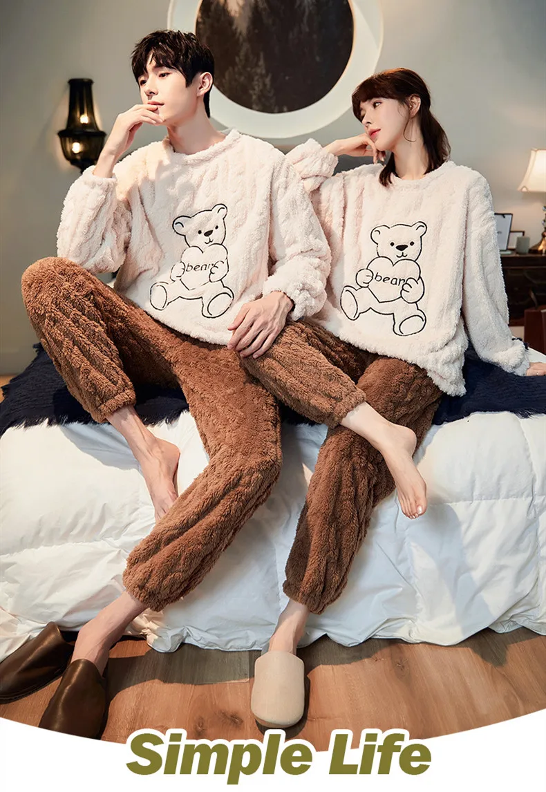 Yasuk Winter Fashion Women's Men Casual Warm Soft Sleepwear Pajamas With Pants Velvet Jacquard Fleecel Lovely Bear Couple Unisex