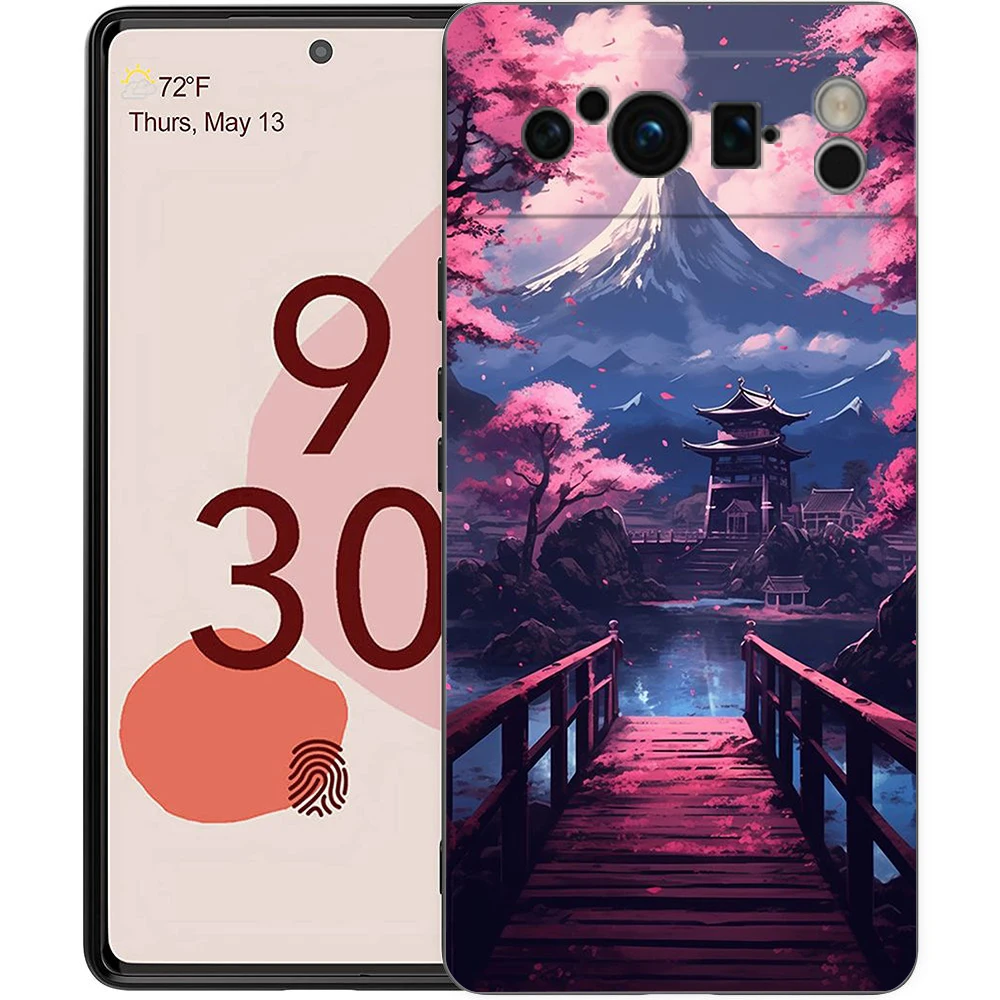 Japanese Landscape Design Shockproof Black Silicone Phone Case