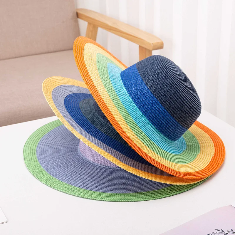 

2023 Summer New Fashion Multicolor Striped Straw Hat Women's Wide Brim bowler Sunshade Straw Hat