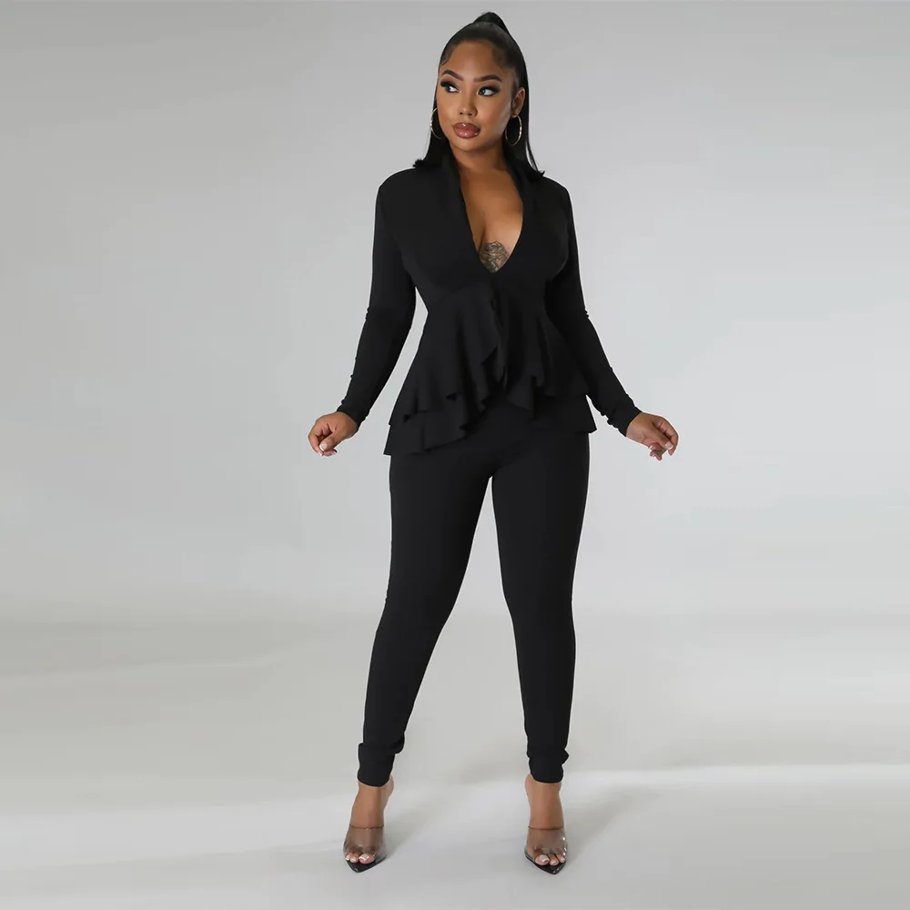 Spring  Autumn Fashion Sexy Two Piece Set Women Office Ladies Solid Dark V-Neck Ruffle Top Tights Two Piece Set Women