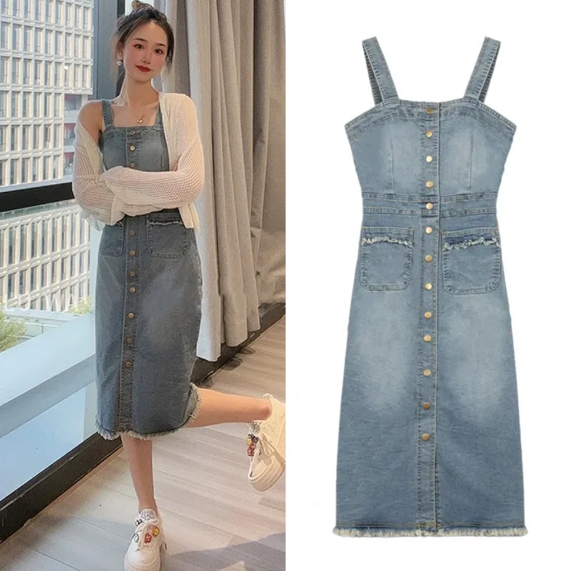 

LKSK Fashionable washed design buttoned denim dress for women's spring/summer new square neck mid length suspender skirt