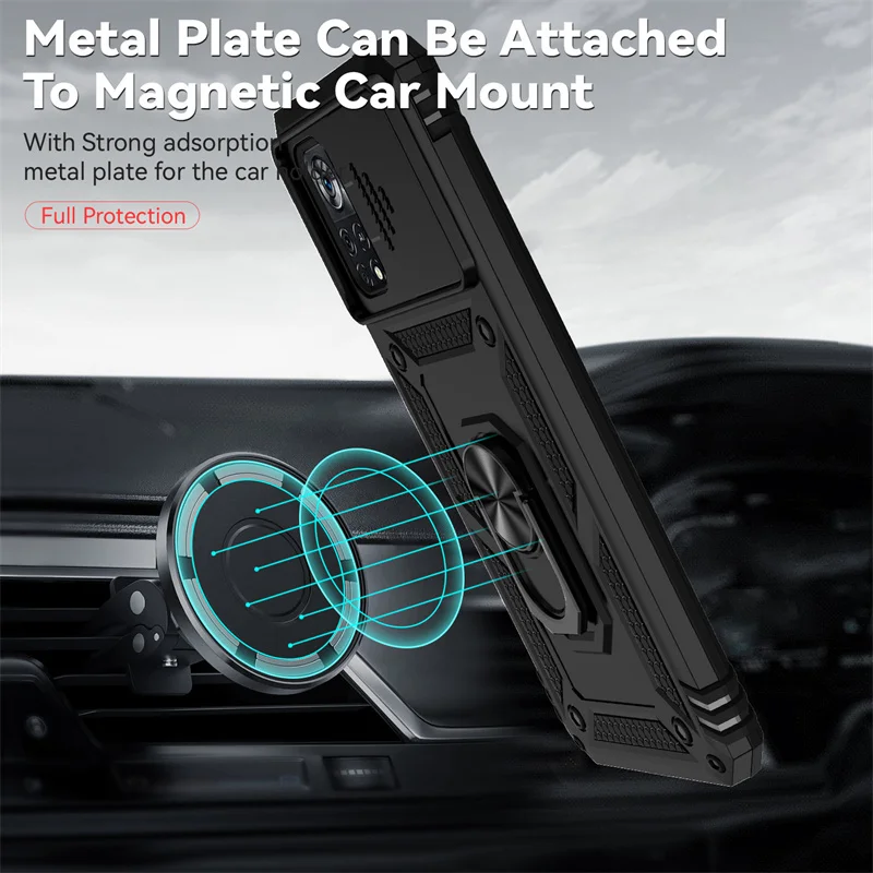 Enhanced Armor Case with Slide Window Lens Protector and Magnetic Holder Ring for Xiaomi Poco X4 Pro 5G