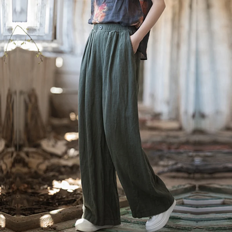 Women's Cotton Linen Baggy Cargo Pants  Vintage Elastic Waist Yoga Trousers Loose Casual  Long Wide Leg Slacks