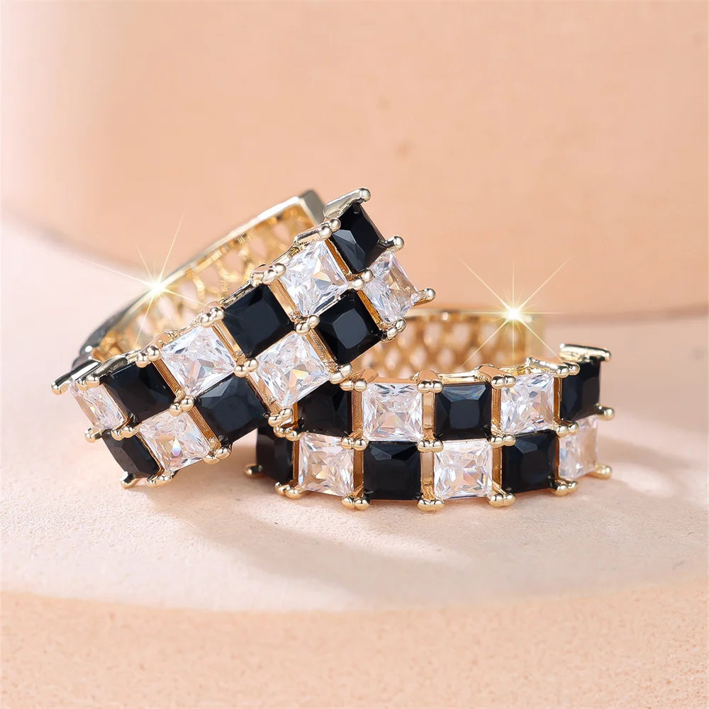 Black Crystal White Zircon Square Stone Chessboard Hoop Earrings For Women Vintage Gold Color Ear Buckle Wedding Jewelry Gifts