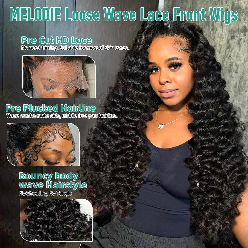 Human Hair Wig Melodie Brazilian 30 40 inch High Density Loose Deep Wave HD Lace front Water Wave Curly 13x6 Lace frontal