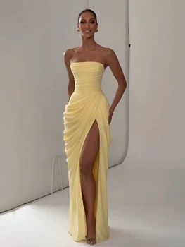 Elegant Solid Pleated Strapless Maxi Dress Yellow Off-shoulder Backless High Waist Split Robe 2026 New Lady Evening Party Gown 1