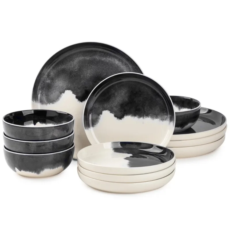 

Thyme & Table Dinnerware Grey Drip Stoneware, 12 Piece Set dinner set plates and dishes